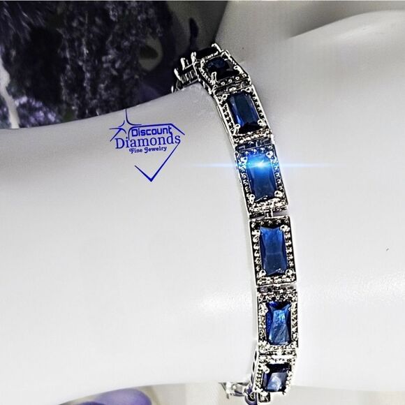 Blue Rectangular 5 mm Princess Cut Topaz Tennis Bracelet on 925 Silver - Picture 9 of 10